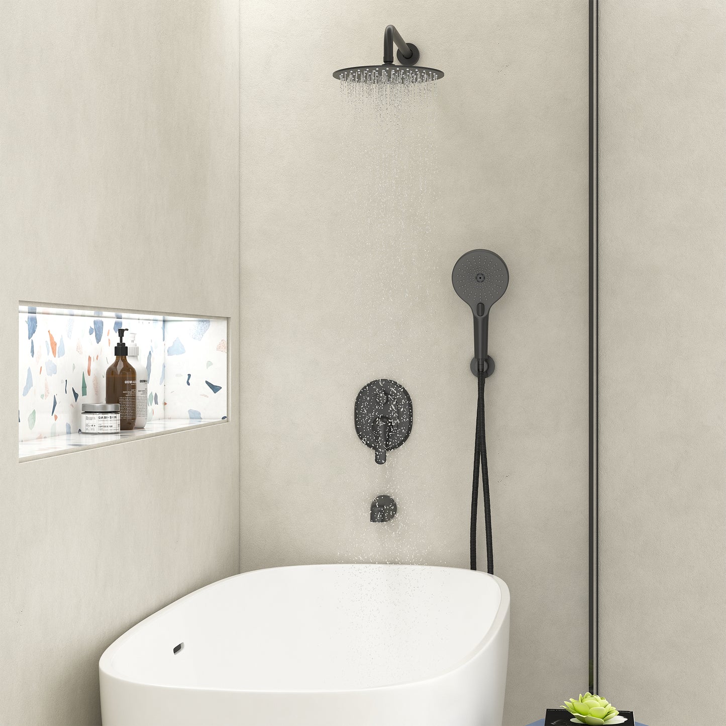 CASAINC 10 Inches Wall Mounted Dual Shower System with 3 Mode Handheld Spray & Tub Spout, Black