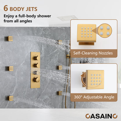 CASAINC 20 Inches Ceiling Mounted Luxury LED Shower System with 6 Body Jets & Handheld Spray with Bluetooth Music