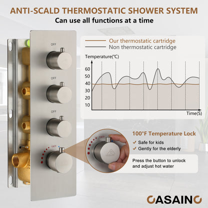 CASAINC 20 Inches Ceiling Mounted Luxury LED Shower System with 6 Body Jets & Handheld Spray with Bluetooth Music