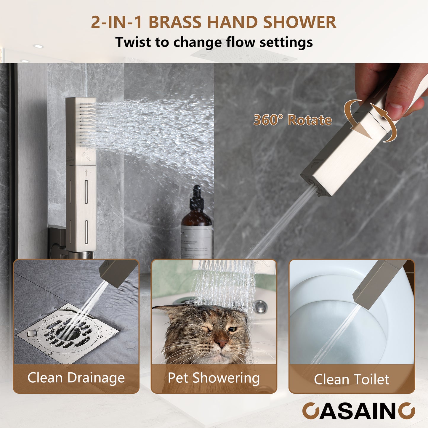 CASAINC 27 Inches Ceiling Mounted Luxury LED Shower System with 6 Body Jets & Handheld Slide Bar Spray