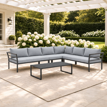 Manhattan 5-Piece Outdoor Patio L-Shaped Sectional Sofa Set with Coffee Table in Gray / White