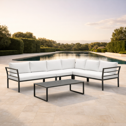 Manhattan 5-Piece Outdoor Patio L-Shaped Sectional Sofa Set with Coffee Table in Gray / White