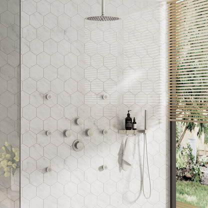 CASAINC 12 Inches Thermostatic Ceiling Mounted Round Shower System with 6 Body Jets & Handheld Spray Shelf