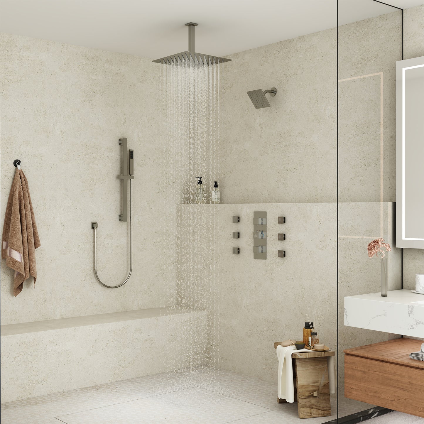 CASAINC 16 Inches Ceiling Mounted Square Dual Head Shower System with 6 Body Jets & Handheld Spray Grab Bar