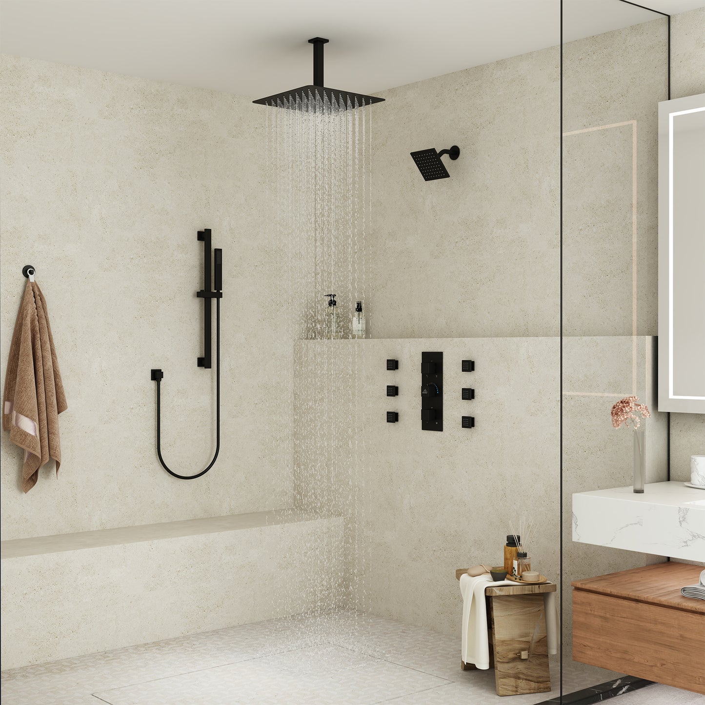 CASAINC 16 Inches Ceiling Mounted Square Dual Head Shower System with 6 Body Jets & Handheld Spray Grab Bar
