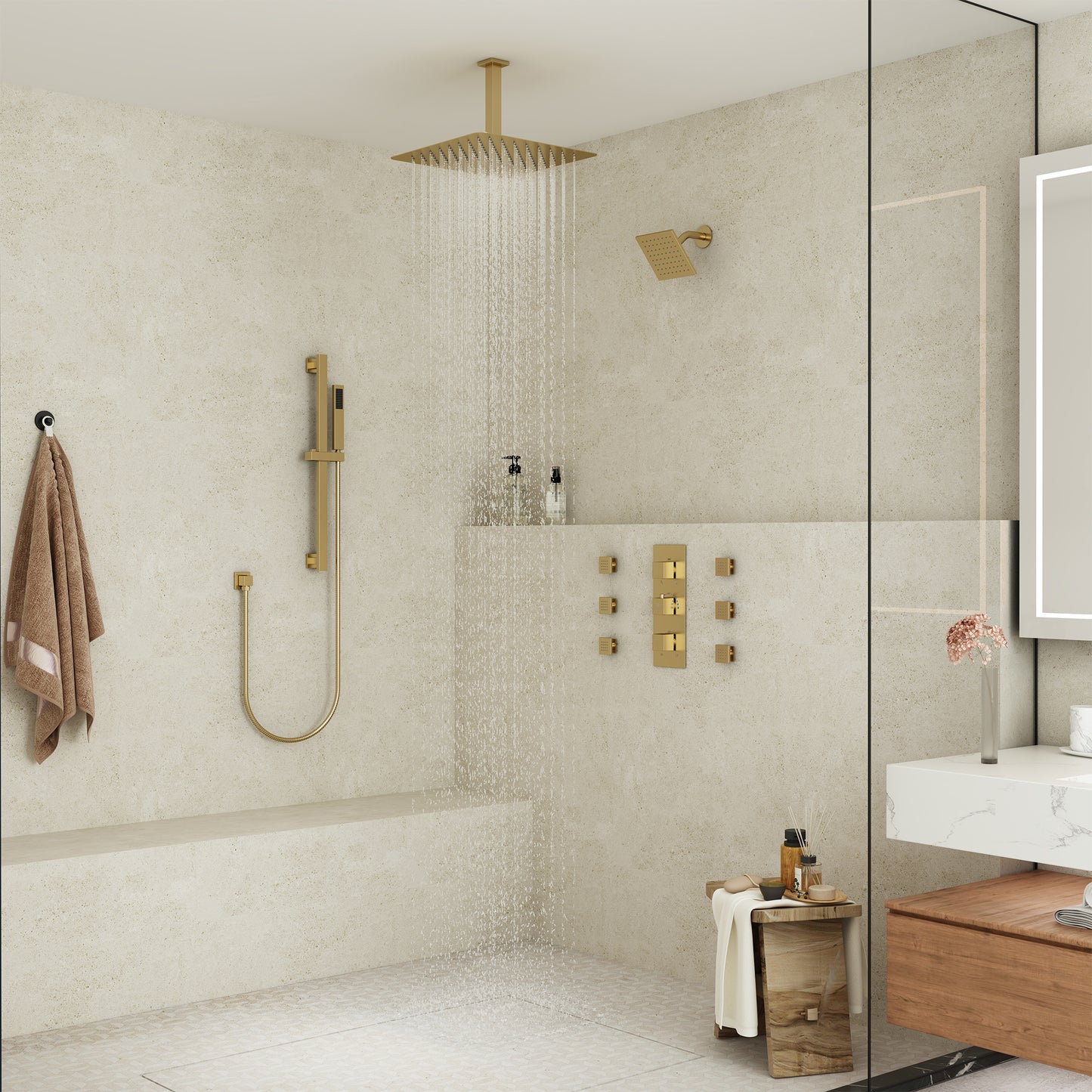 CASAINC 16 Inches Ceiling Mounted Square Dual Head Shower System with 6 Body Jets & Handheld Spray Grab Bar