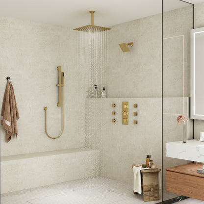CASAINC 16 Inches Ceiling Mounted Square Dual Head Shower System with 6 Body Jets & Handheld Spray Grab Bar