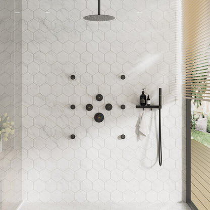 CASAINC 12 Inches Thermostatic Ceiling Mounted Round Shower System with 6 Body Jets & Handheld Spray Shelf