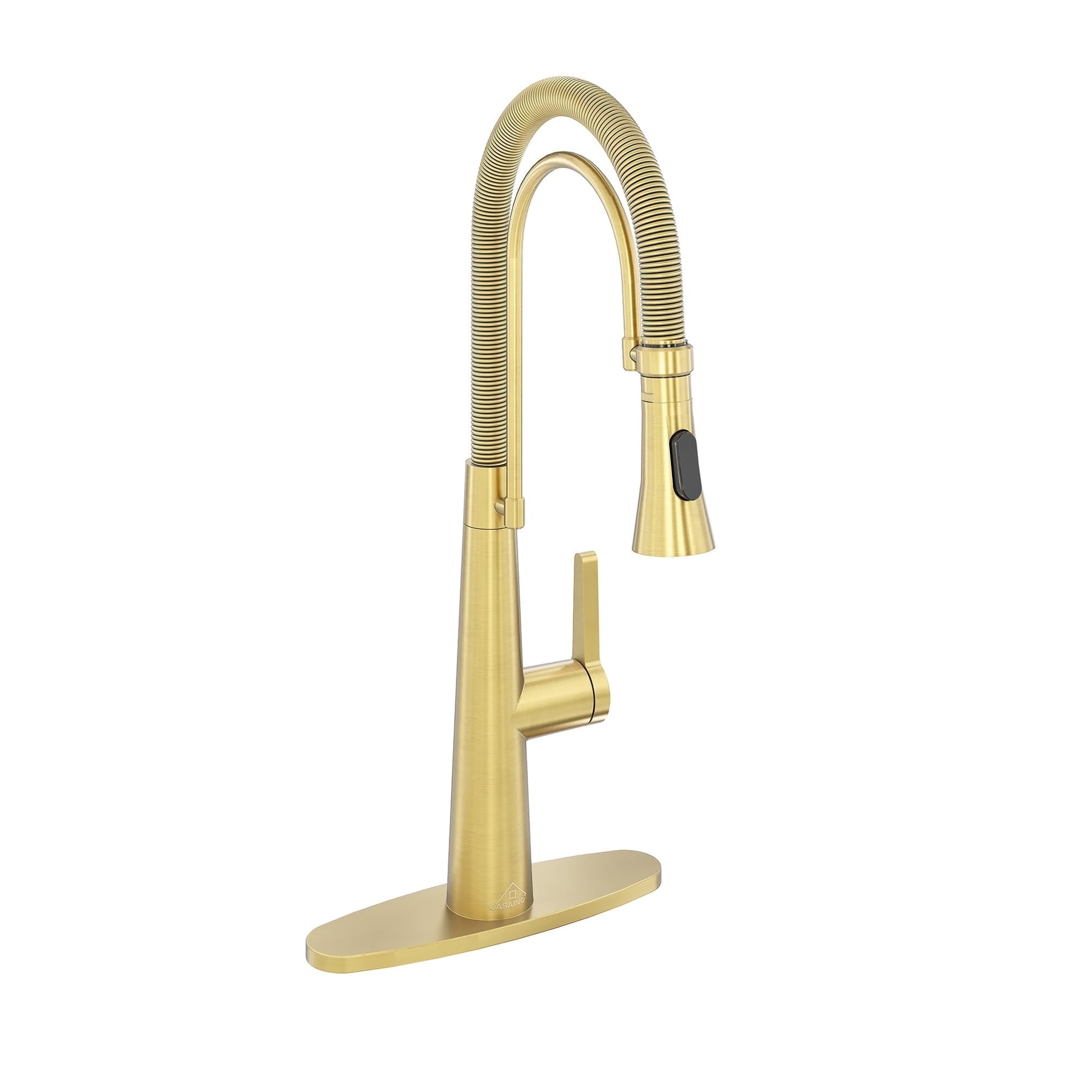 CASAINC Single Handle Pull Down Spring Kitchen Faucet with Dual Function Sprayer and Deckplate, Brushed Gold