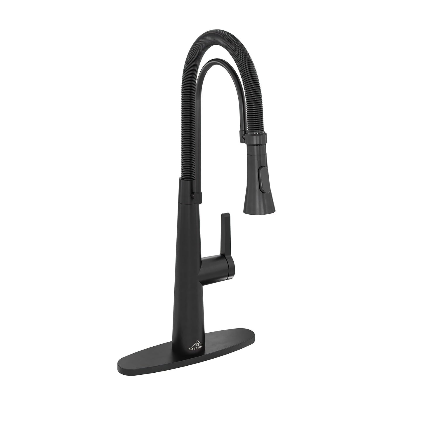 CASAINC Single Handle Pull Down Spring Kitchen Faucet with Dual Function Sprayer and Deckplate, Black
