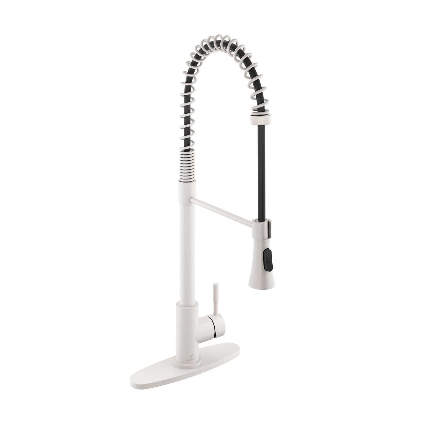 CASAINC Single Handle Spring Pull Down Deck Mounted Kitchen Faucet with Dual Function Sprayer and Deckplate, White