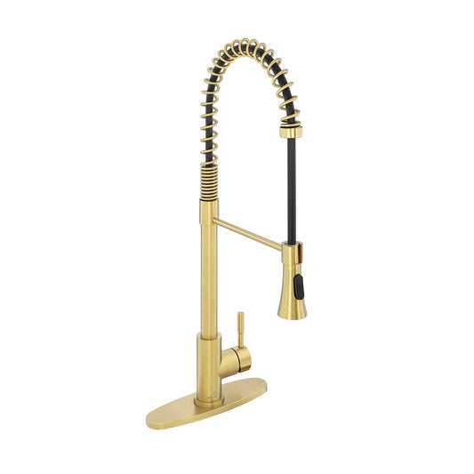CASAINC Single Handle Spring Pull Down Deck Mounted Kitchen Faucet with Dual Function Sprayer and Deckplate, Gold