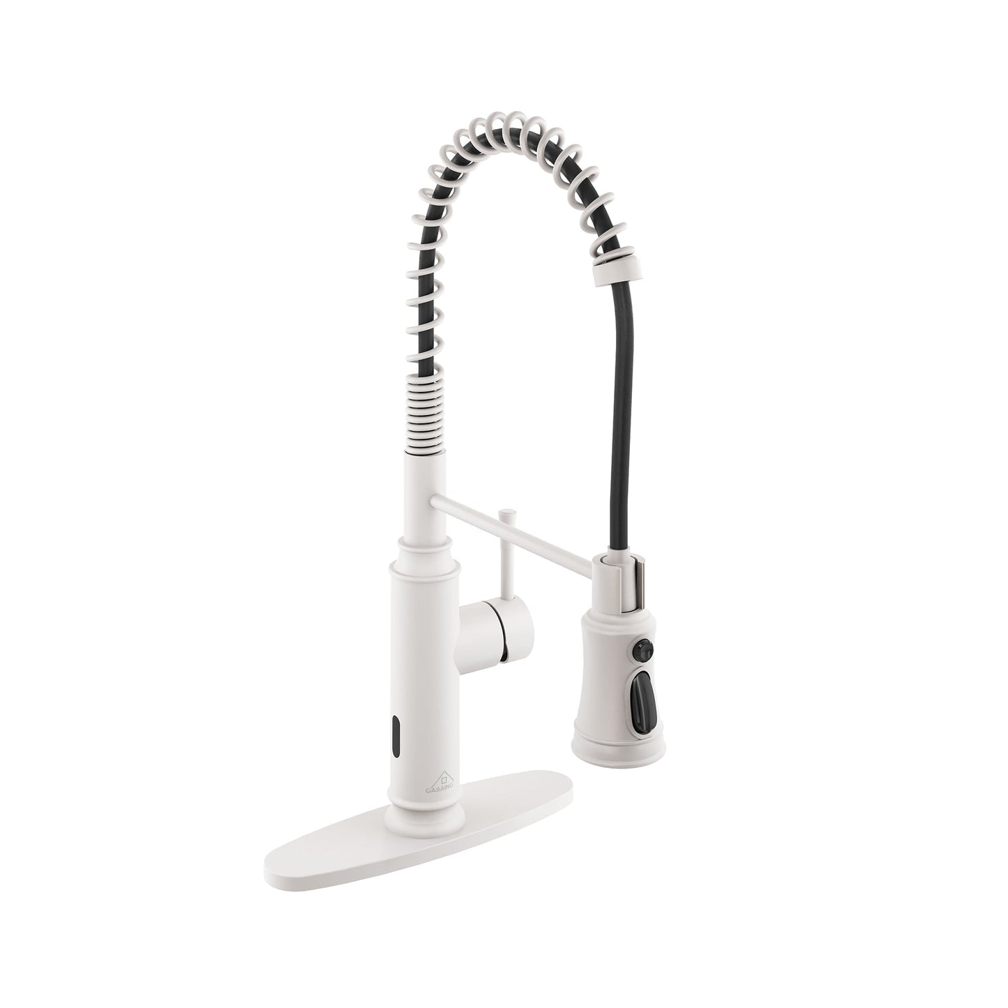 CASAINC Single Handle Spring Pull Down Kitchen Faucet with Dual Function Sprayer and Deckplate, White