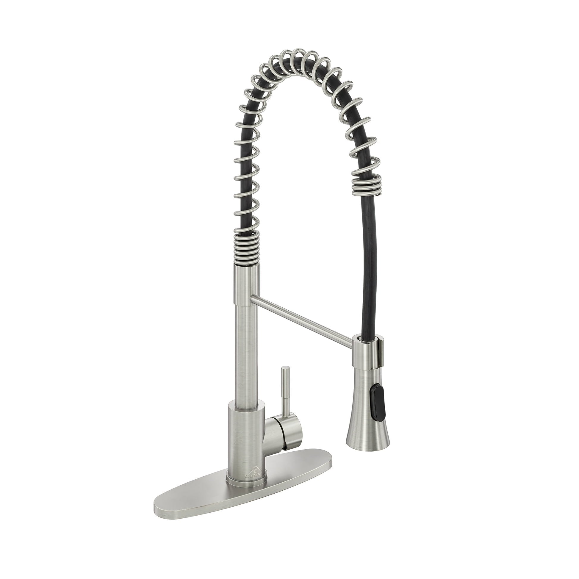 CASAINC Single Handle Spring Pull Down Deck Mounted Kitchen Faucet with Dual Function Sprayhead and Deckplate, Brushed Nickel