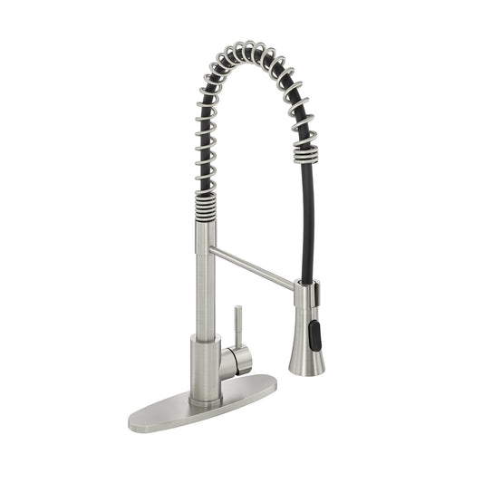 CASAINC Single Handle Spring Pull Down Deck Mounted Kitchen Faucet with Dual Function Sprayhead and Deckplate, Brushed Nickel