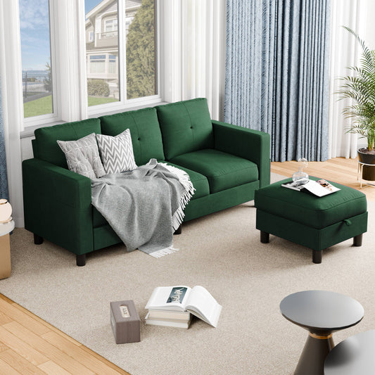 Convertible Sectional Sofa Couch, Modern Linen Fabric L-Shaped 3-Seat Sofa Sectional with Reversible Chaise for Small Space (Green)