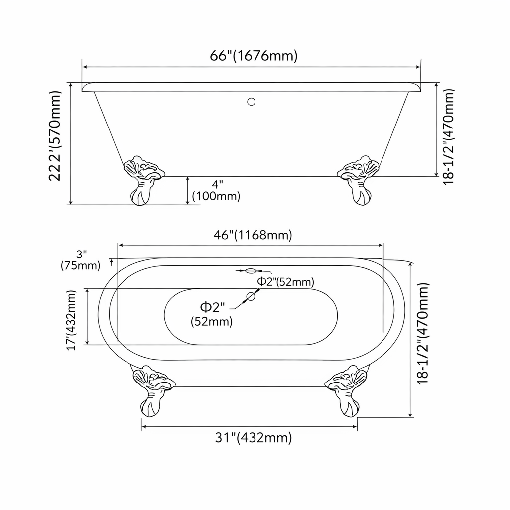 66" Enameled Cast Iron Clawfoot Freestanding Bathtub
