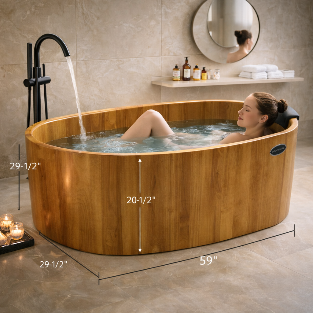 59" Handcrafted Natural Wood Freestanding Soaking Bathtub