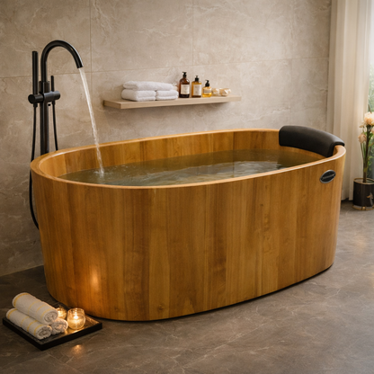 59" Handcrafted Natural Wood Freestanding Soaking Bathtub