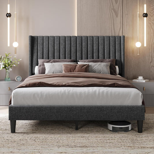 Queen Bed Frame Upholstered Platform Bed with Fabric Headboard, Wing Edge Design/Non-Slip and Noise-Free/Wooden Slats Support/No Box Spring Needed/Easy Assembly, Dark Gray Queen Bed