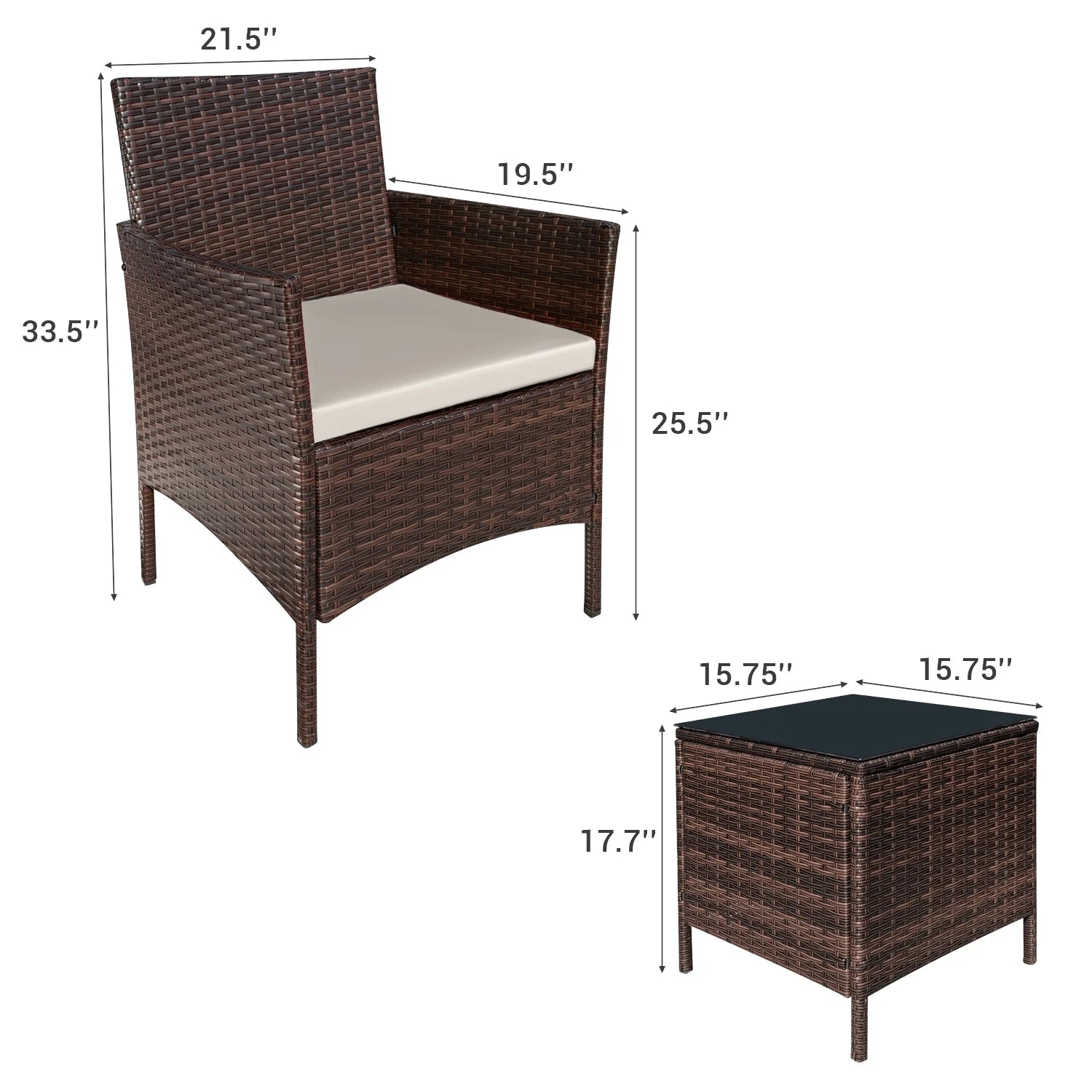 3 Pieces Patio Furniture Set Outdoor PE Rattan Wicker Patio Conversation Set Bistro Set with Tempered Glass and Cushioned Chairs, Brown/Beige