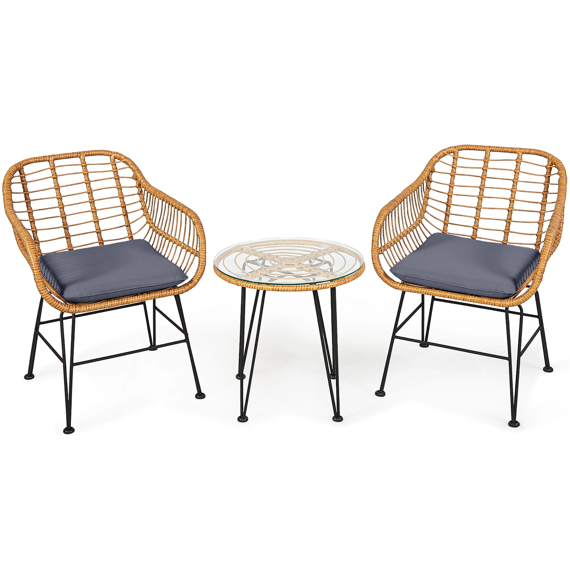 3PCS Patio Rattan Bistro Furniture Set Cushioned Chair Table Grey