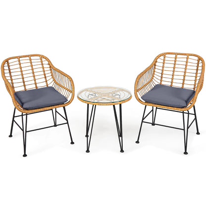 3PCS Patio Rattan Bistro Furniture Set Cushioned Chair Table Grey