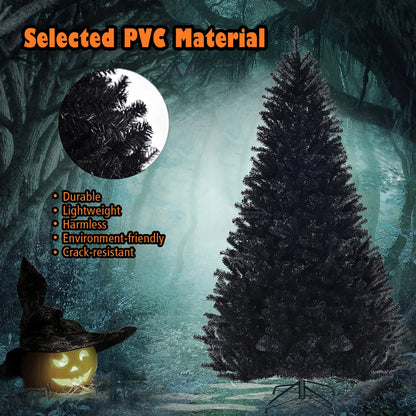7.5Ft Hinged Artificial Christmas Tree Full Tree W/ Metal Stand Black