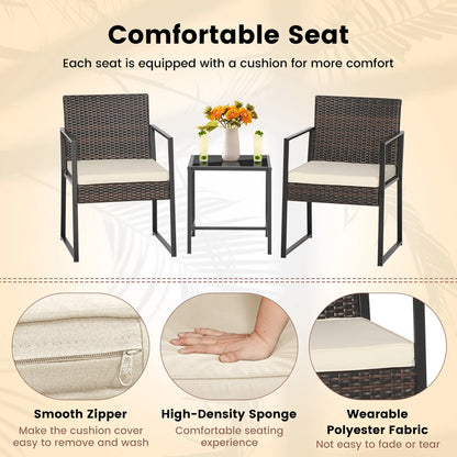 3Pcs Patio Furniture Set Heavy Duty Cushioned Wicker Rattan Chairs Table