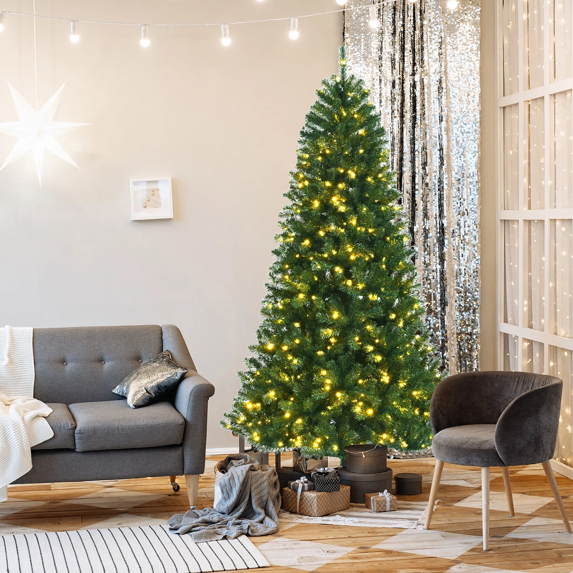 7Ft Pre-Lit Hinged Christmas Tree W/ Remote Control & 9 Lighting Modes