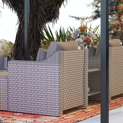 5-Piece PE Rattan Outdoor Patio Dining Set with Ottoman and Coffee Table, Gray