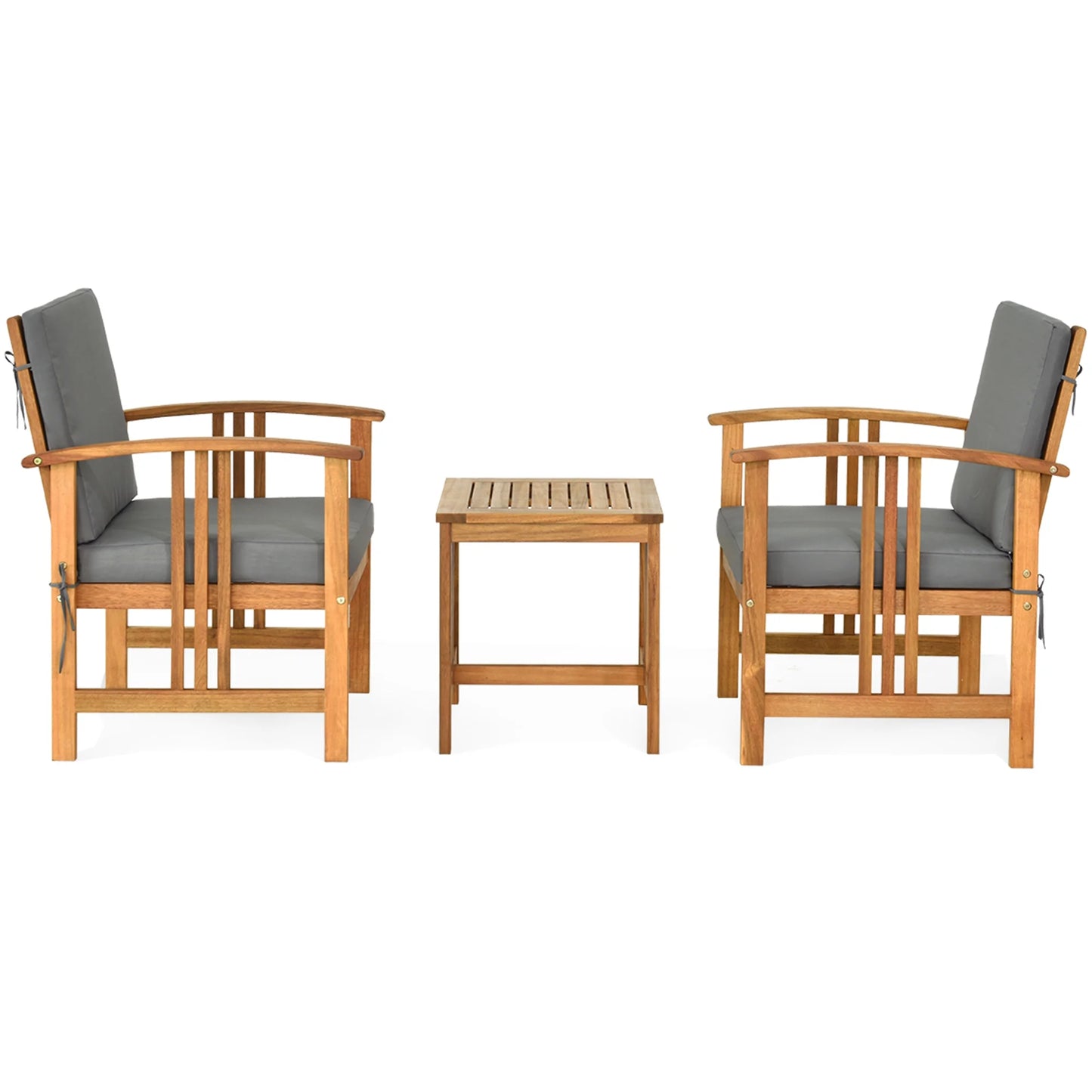 3PCS Solid Wood Patio Furniture Set Table&Chairs Grey Cushion