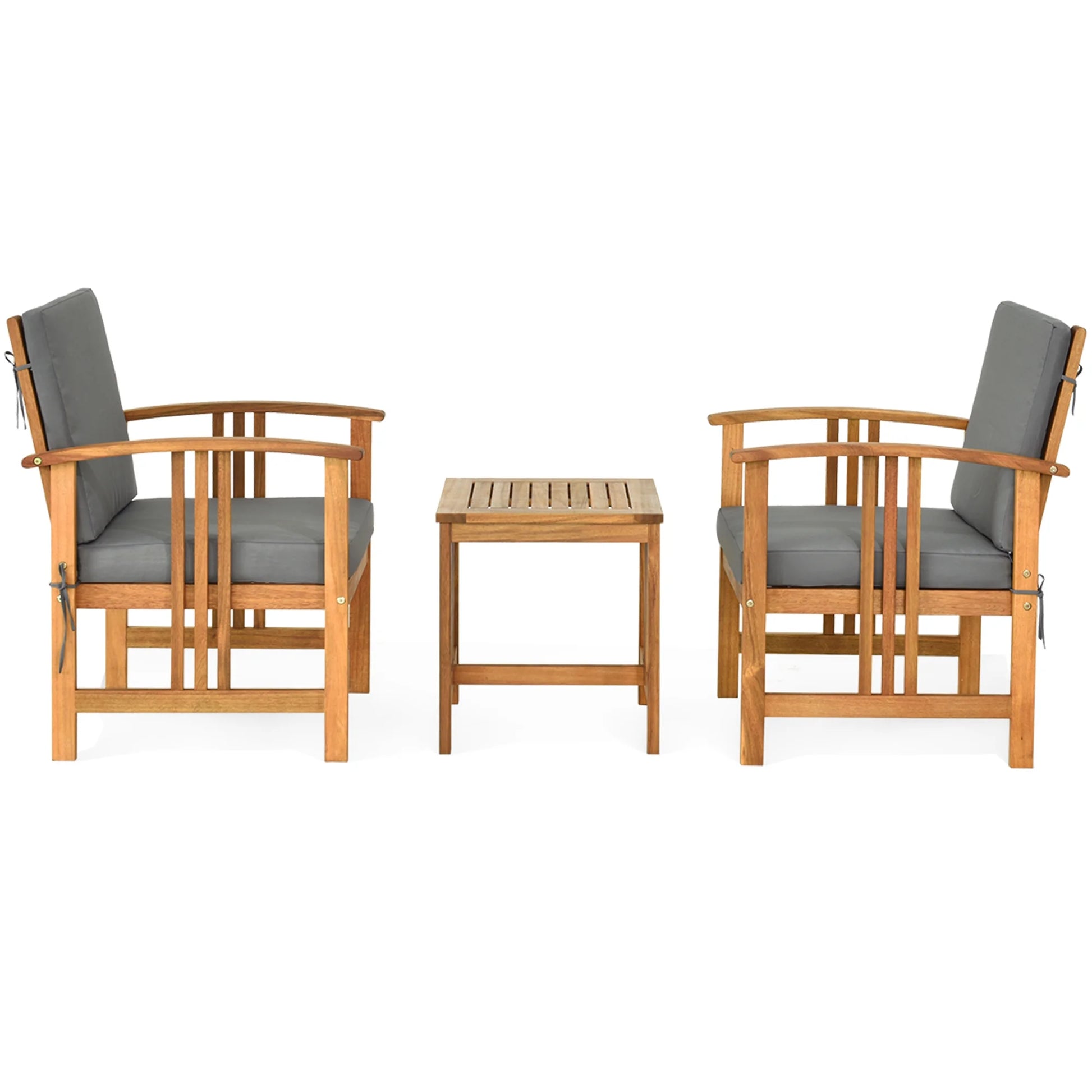 3PCS Solid Wood Patio Furniture Set Table&Chairs Grey Cushion
