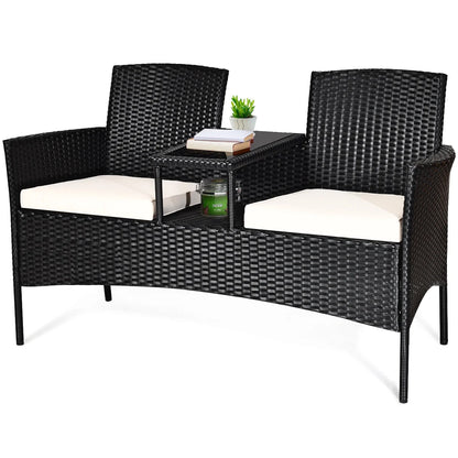 Patio Rattan Conversation Set Seat Sofa Cushioned Loveseat Glass Table Chairs