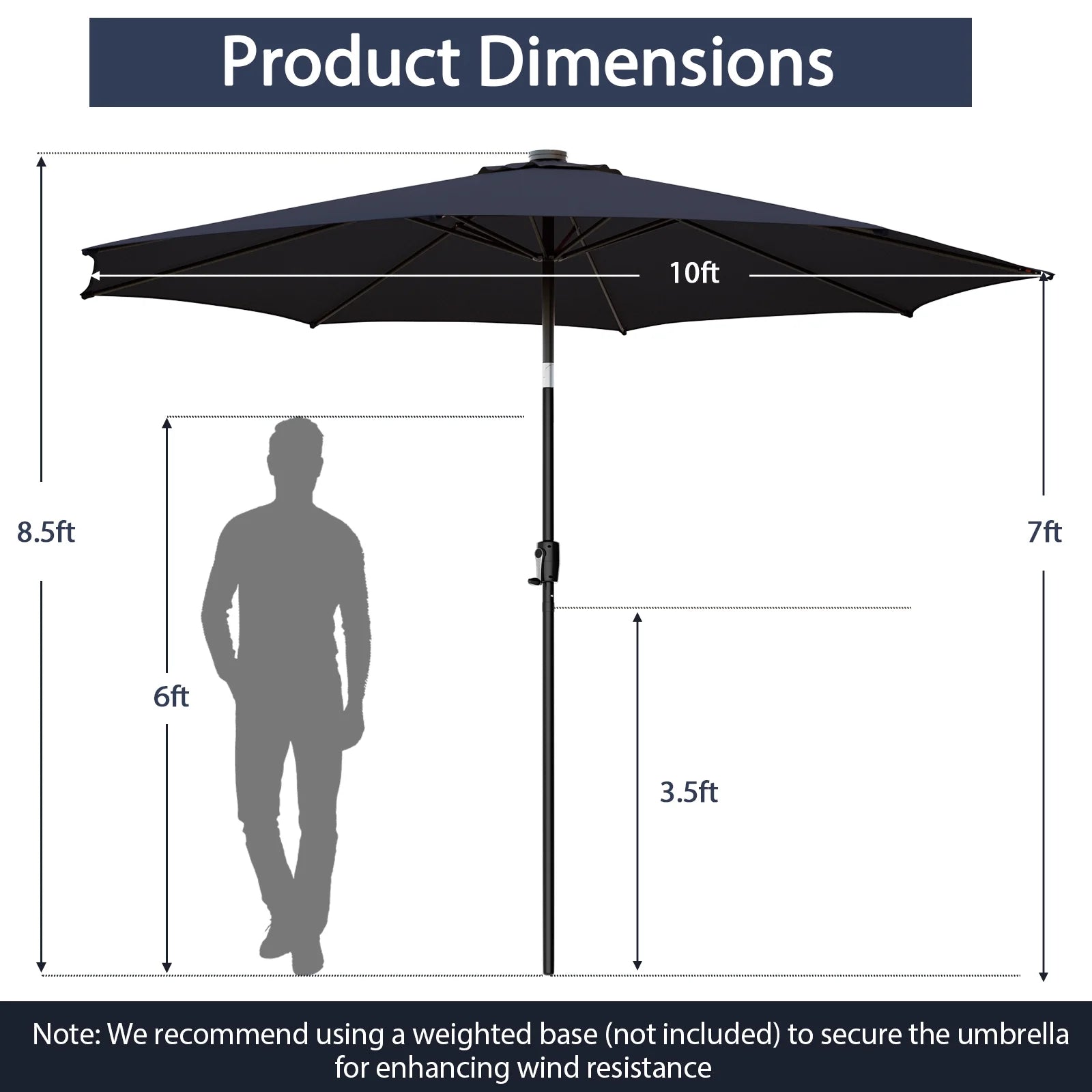 10' Navy round Market Patio Umbrellas, Solar Lighted