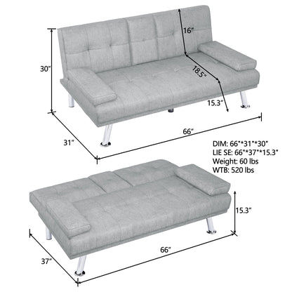 Modern Futon Convertible Sofa Bed with Adjustable Back with Cupholders