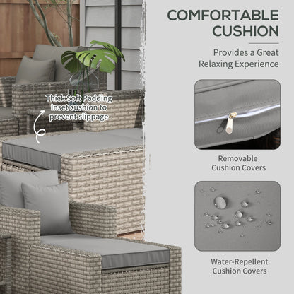 5-Piece PE Rattan Outdoor Patio Dining Set with Ottoman and Coffee Table, Gray