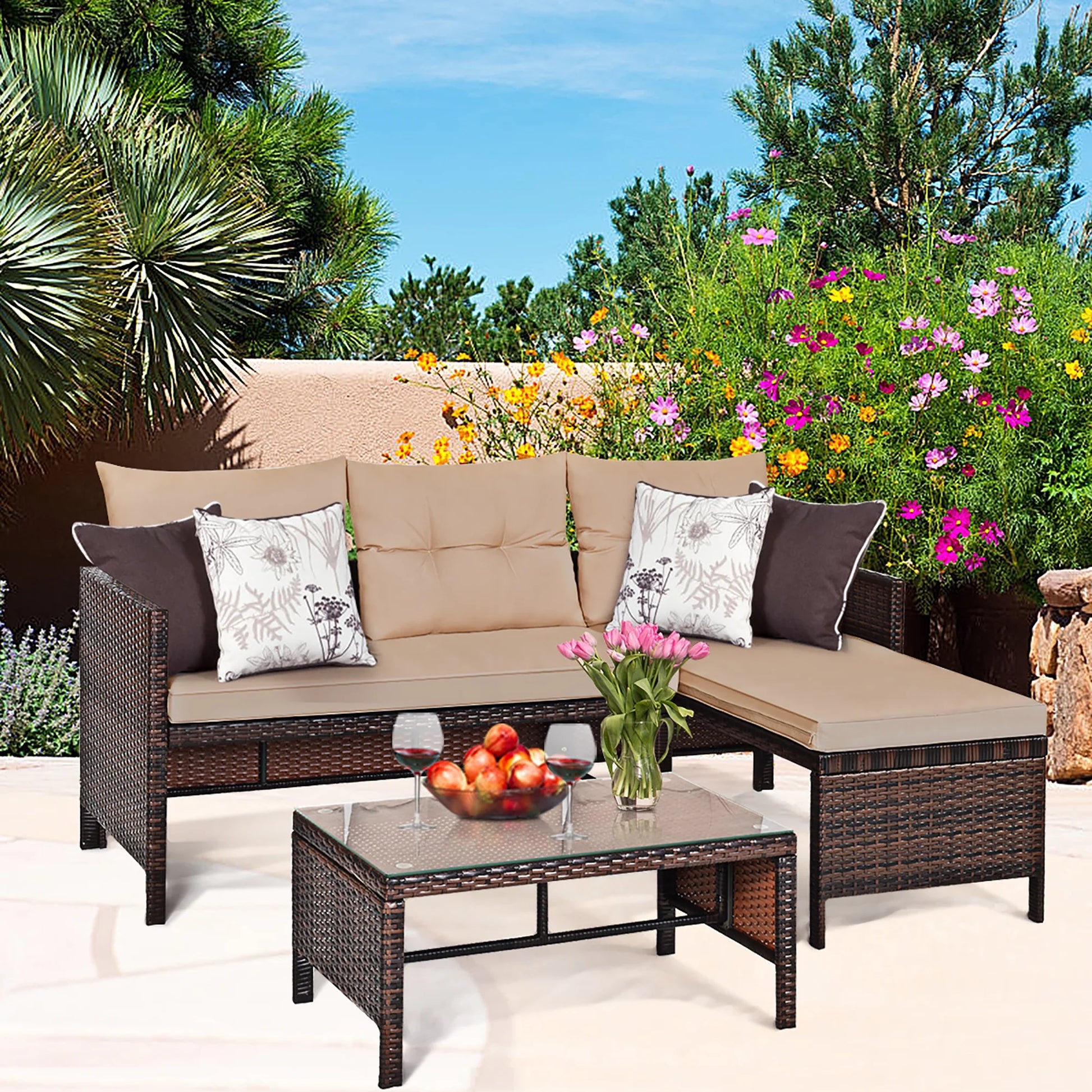 3PC Patio Sofa Set Outdoor Sectional Conversation Set Rattan Wicker