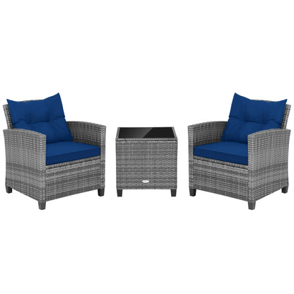 3PCS Patio Rattan Furniture Bistro Set Cushioned Sofas Side Table Armrest Navy