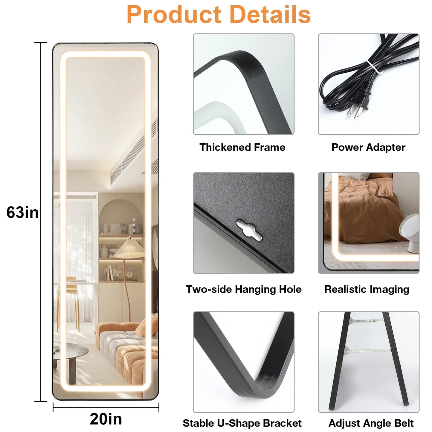 63" X 20" LED Full Length Mirror Hollywood Vanity Mirror Dimmable LED Floor Mirrors for Leaning Wall Mounted Water Proof Mirror for Bathroom Dressing, Anti-Fog Black