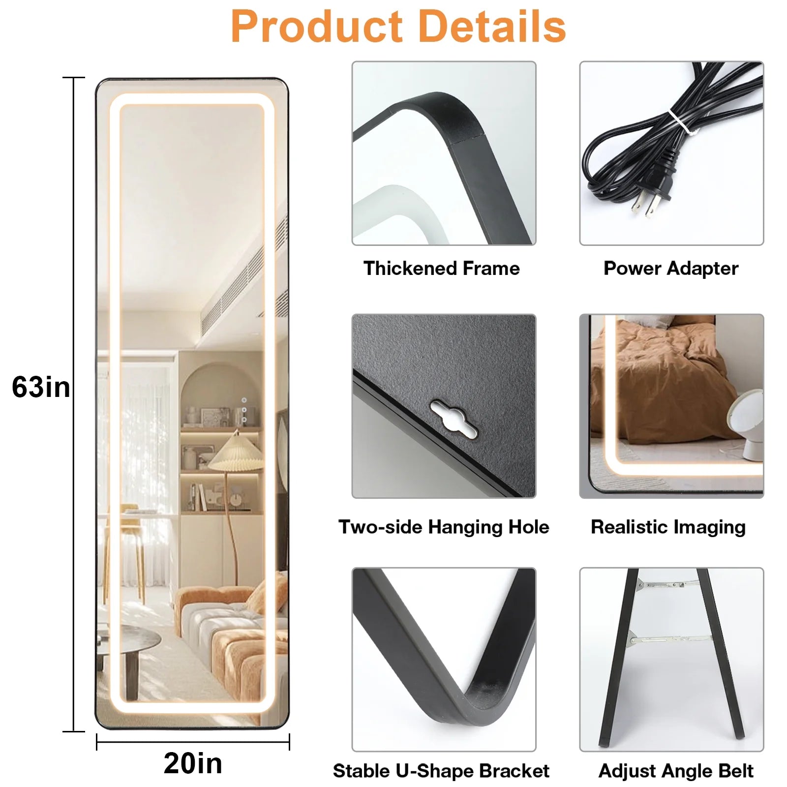 63" X 20" LED Full Length Mirror Hollywood Vanity Mirror Dimmable LED Floor Mirrors for Leaning Wall Mounted Water Proof Mirror for Bathroom Dressing, Anti-Fog Black