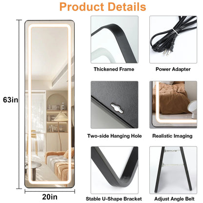 63" X 20" LED Full Length Mirror Hollywood Vanity Mirror Dimmable LED Floor Mirrors for Leaning Wall Mounted Water Proof Mirror for Bathroom Dressing, Anti-Fog Black
