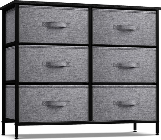 Dresser with 6 Drawers - Chest Organizer Unit with Steel Frame Wood Top & Handle Easy Pull Fabric Bins for Clothes - Storage Furniture for Bedroom, Hallway, Living Room, Nursery & Closet