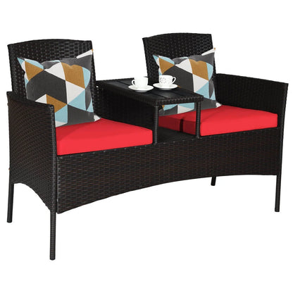 Patio Rattan Conversation Set Seat Sofa Cushioned Loveseat Glass Table Chair Red
