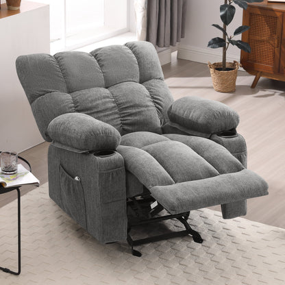 Manual Recliner Chair with Heat Therapy and Massage Function, Heavy Duty Reclining Mechanism Massage Chair, Elderly Single Rocker Sofa with Cup Holders for Bedroom Home Theater,Grey