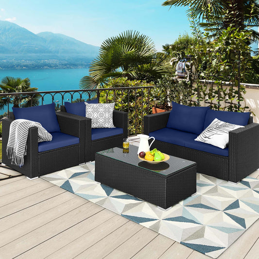 4 PCS Patio Rattan Furniture Set Cushioned Sofa Chair Coffee Table Blue