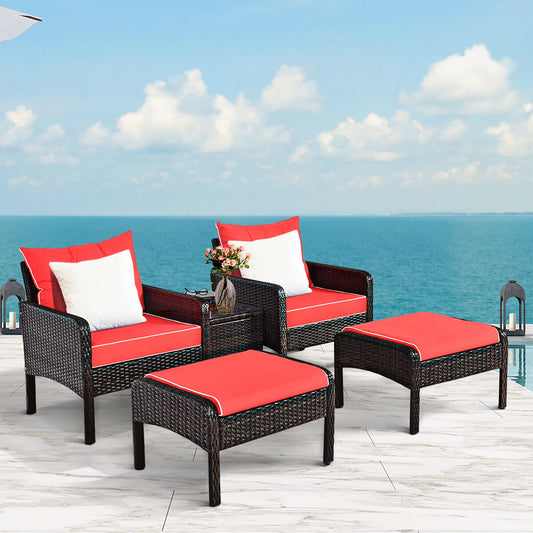 5 PCS Patio Rattan Furniture Set Sofa Ottoman Table Cushioned Yard Red