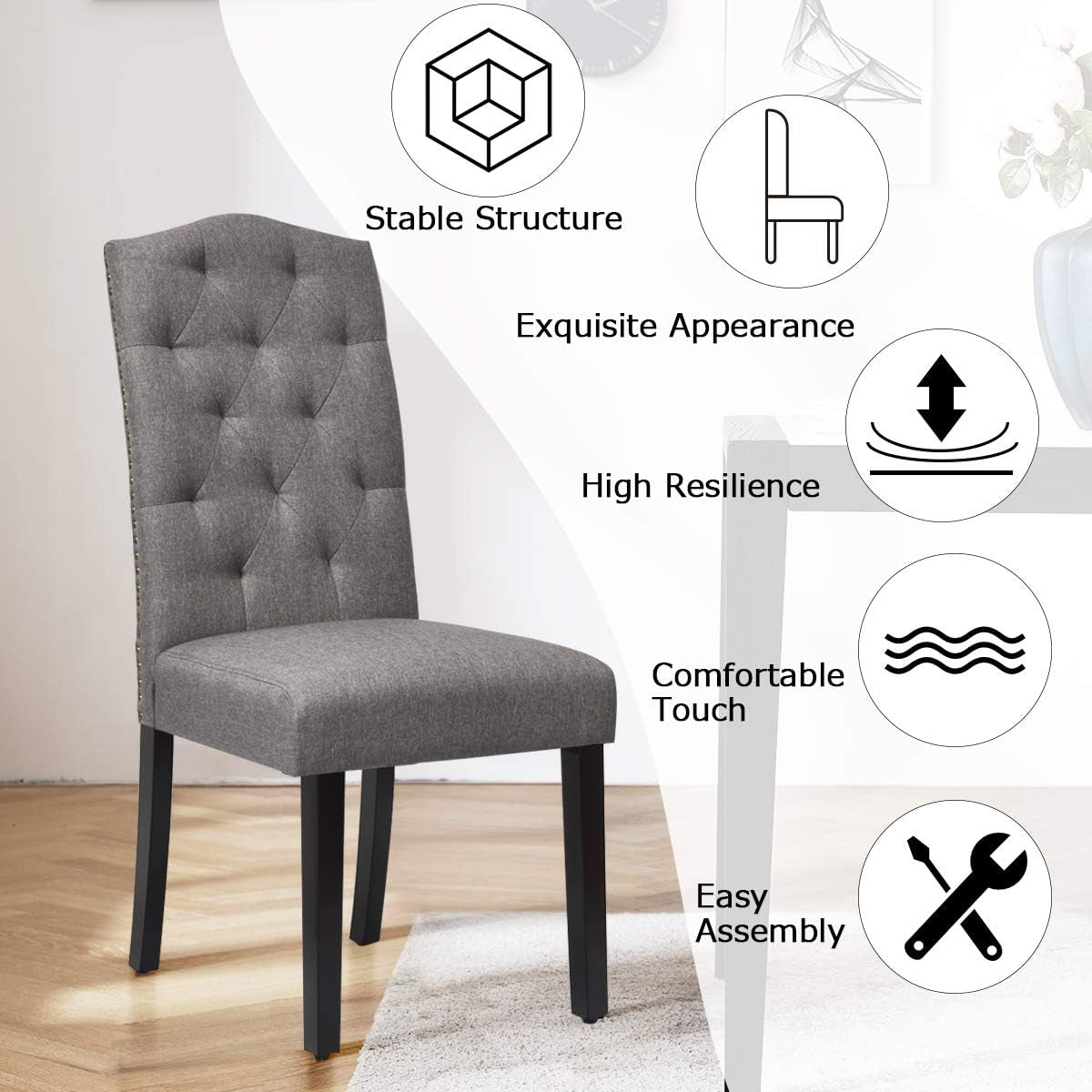 Dining Chairs Set of 2, Tufted Fabric Dining Room Chairs with Nailed Head, Parsons Chairs with Padded Seat, Tall Backrest, Modern Upholstered Armless Dining Chairs for Kitchen, Dining Room