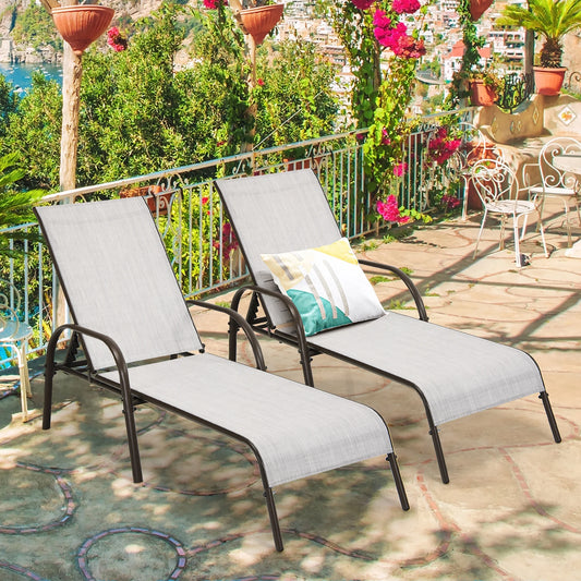2PCS Patio Lounge Chair Chaise Adjustable Reclining Armrest Gray