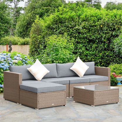 6 Pieces Patio Furniture Sets Outdoor Wicker All Weather PE Rattan Sectional Sofa Set with Ottoman, Cushions & Tempered Glass Desktop, Gray